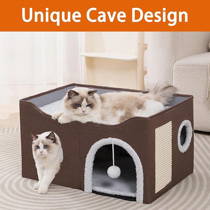 Loyareal Cat Houses for Indoor Cats - Large Cat Bed Cave with Scratch Pad and Fluffy Ball, Foldable Cat Condo Hideaway with Reversible Cushion for Multi Small Pet，Brown