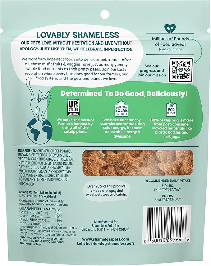 Shameless Pets Crunchy Cat Treats - Catnip Treats for Cats with Digestive Support, Natural Ingredients Kitten Treats with Real Chicken, Healthy Flavored Feline Snacks - Catnip N Chill, 3-Pk