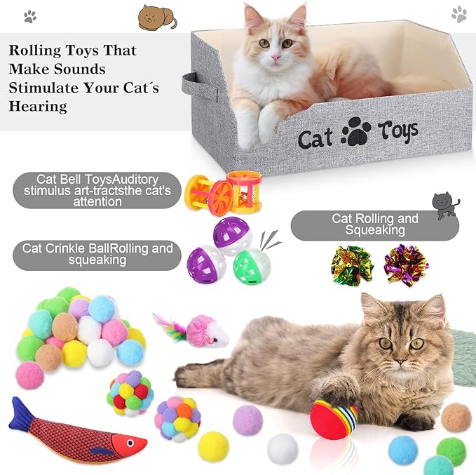 Zopeal 55 Pcs Cat Toy Box for Indoor Cats Large Kitten Toys Organizer Basket Bin Included Pillows Fish Colorful Bell Balls Crinkle Balls Spring Plush Mice Attract Kitten to Swat Hunt