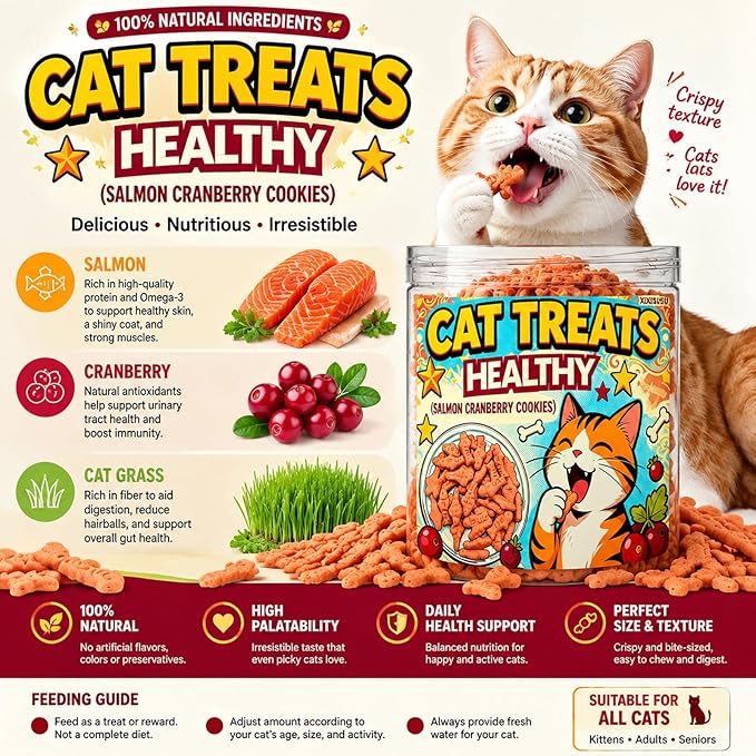 Salmon & Cranberry Cat Treats with D-Mannose - Urinary Tract Support for Indoor Cats, Crunchy Dental Health Snacks in 6oz Resealable Jar