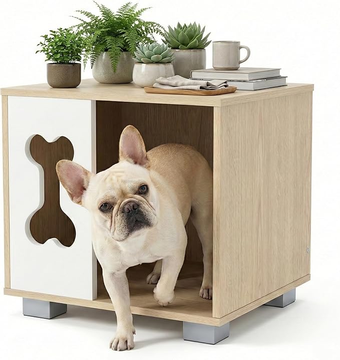 Wooden Cat Dog House Side Table, 2-in-1 Pet Bed Condo with Bone-Shaped Window and 2" Sturdy Metal Legs, Indoor Pet Crate Furniture, Decorative End Table Nightstand for Small Dogs Cats