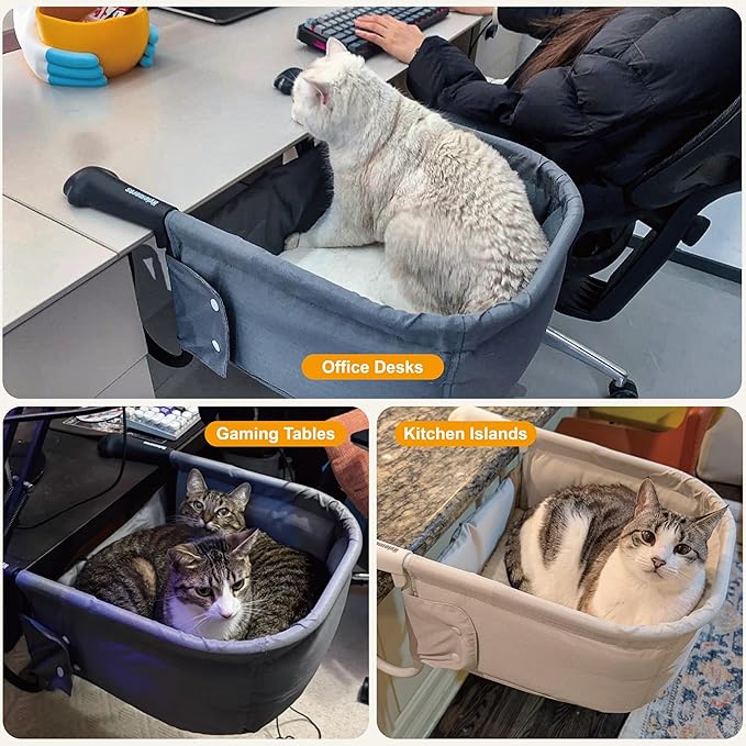 Cat Desk Bed for Large Cats 50 lbs Heavy Duty Cat Bed for Desk Attachment with Paw Design Extra-Sturdy Dog Chair Dual-Sided Mat Waterproof Easy Assembly for Gaming Desk Kitchen Island Gray