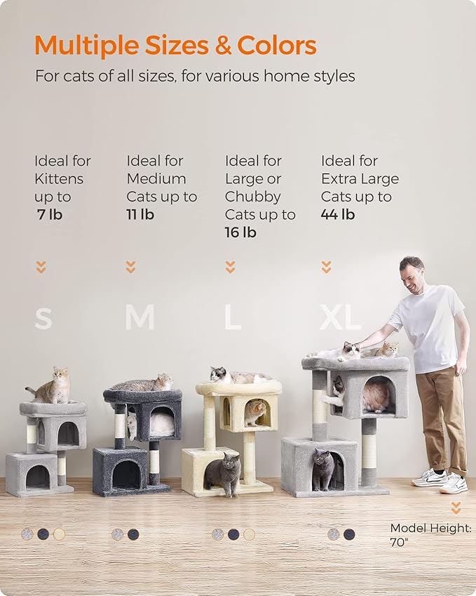 Feandrea Cat Tree, 29.1-Inch Cat Tower, Plush Condo for Medium Cats up to 11 lb, Large Perch, 2 Caves, Scratching Post, Light Gray UPCT612W01