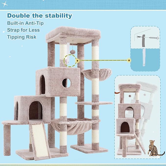 Hey-brother Cat Tree Tower, Scratching Posts with Big Platform, 2 Condos, Spacious Hammock, Cozy Basket, Sisal Board for Indoor Large Adults, 50 Inches Progressive Climbing House, Muchroom MPJ071MU