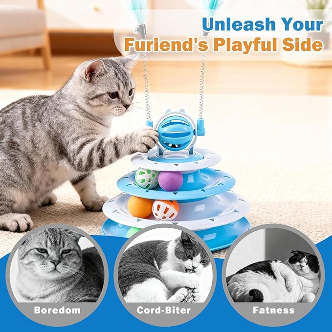 Cat Turntable Toy Ball - Interactive Kitten Toys & Toys for Indoor Cats with 6 Colorful Balls & 2 Cat Teaser Wands, Fun Mental & Physical Exercise Puzzle Plaything for Kitty Kitten to Play (Blue)