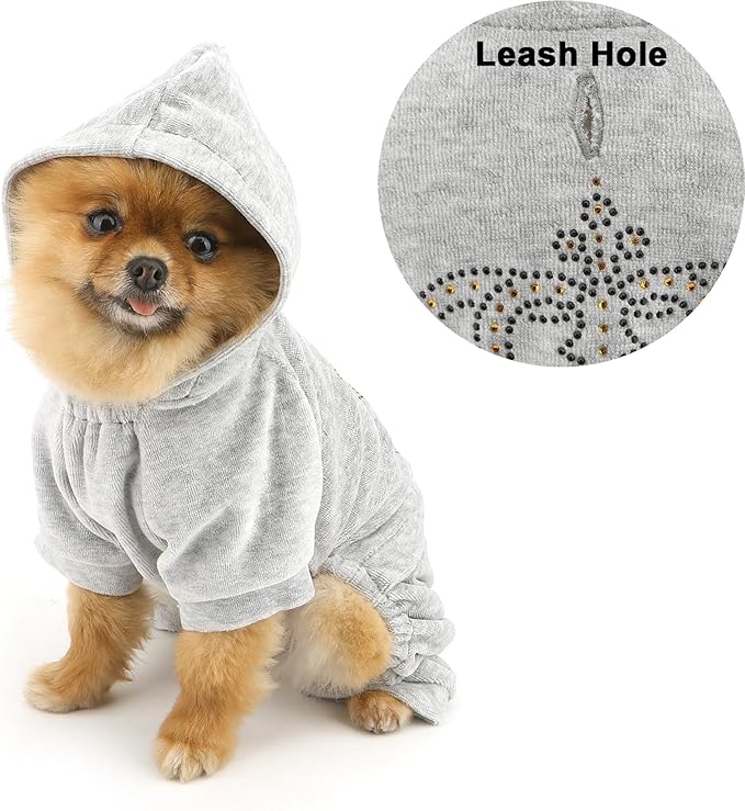 SMALLLEE_LUCKY_STORE Dog Hoodies for Small Dog Girls Rhinestone Crown Doggie Outfits Puppy Pajamas with Leash Hole Stretchy Soft Velvet Clothes 4 Legged Jumpsuit Pet Tracksuit Cat Apparel