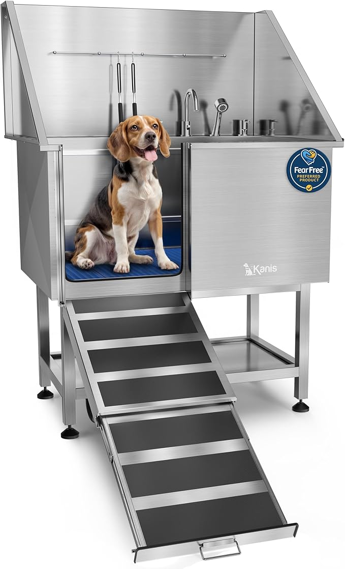 KANIS Professional Dog Washing Station 304 Stainless Steel Pet Wash Sink & Grooming Bathtub w/Shower, Floor Grates and Storage for Large, Medium & Small Pets (Silver, 40 Inches, Left Ramp, Shelf)