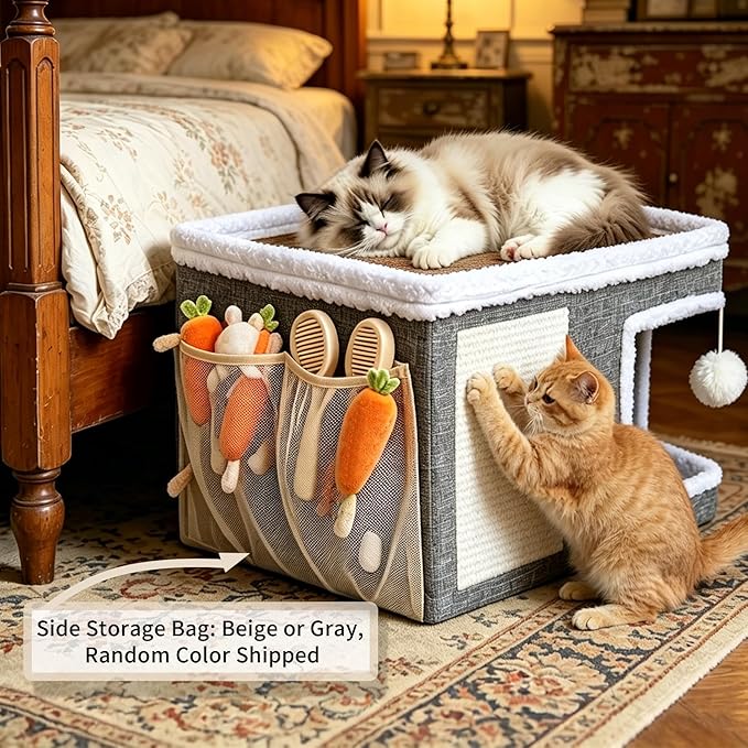 Foldable Cat Cave Bed for Indoor Cats, Cat Hideaway House with Hanging Fluffy Ball & Scratch Pad, Side with Toy Storage and Summer Cooling Mat, 16.14x16.14x12.2 Inches, Grey