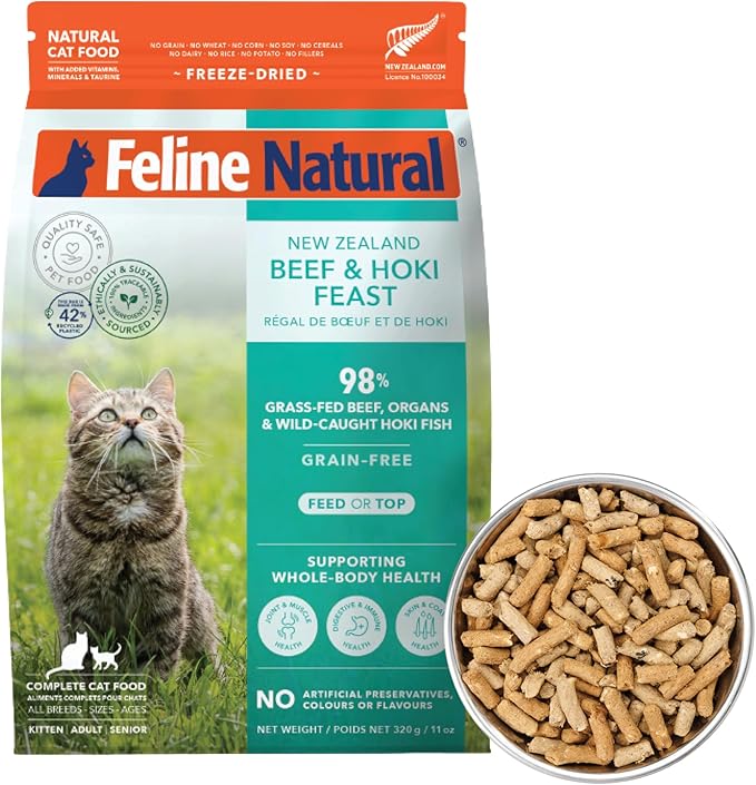 Feline Natural High Protein Dry Cat Food, Freeze-Dried Diet with 98% Meat, Organs & Seafood, No Peas, Grains, or Artificial Additives, Made in New Zealand, Beef & Hoki, 11oz