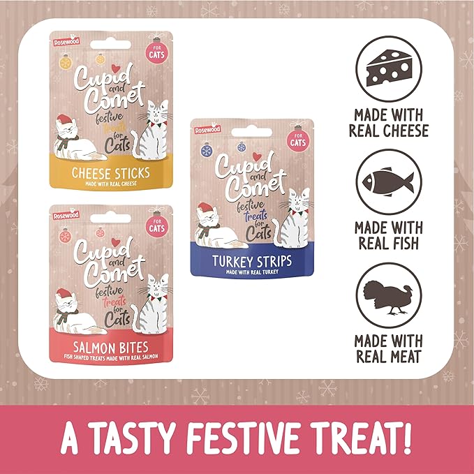 Rosewood Cupid and Comet Christmas Dinner Cat Stocking, Including: 1 x 40g Cheese Stick, 1 x 40g Turkey Strip, 1 x 40g Salmon bite cat Treats, 2 x Catnip Mouse cat Toys.