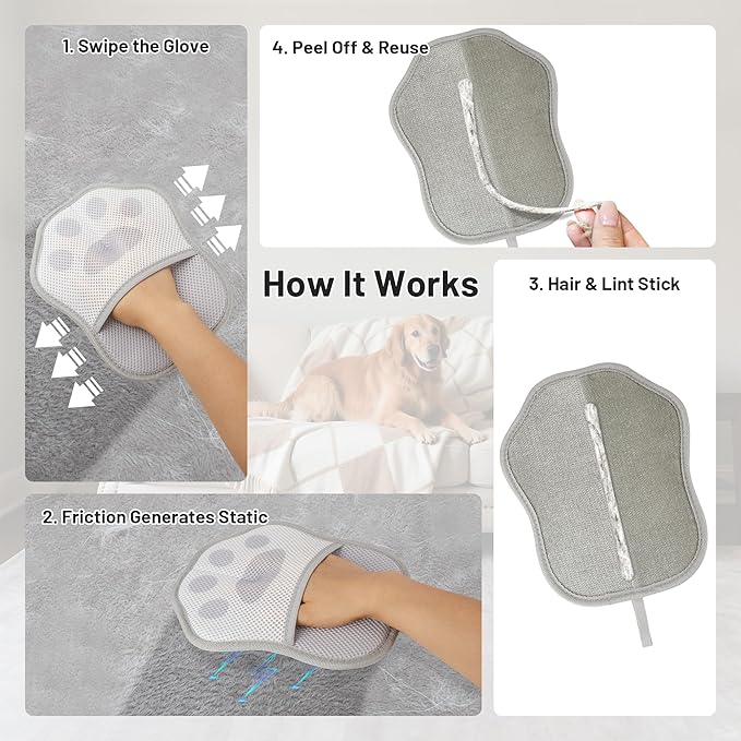Paw-Shaped Pet Hair Removal Glove – Electrostatic Cat & Dog Hair Remover for Furniture, Clothes, Carpet & Car Seats – Cute Reusable Multi-Surface Lint & Fur Removal Tool (Grey)