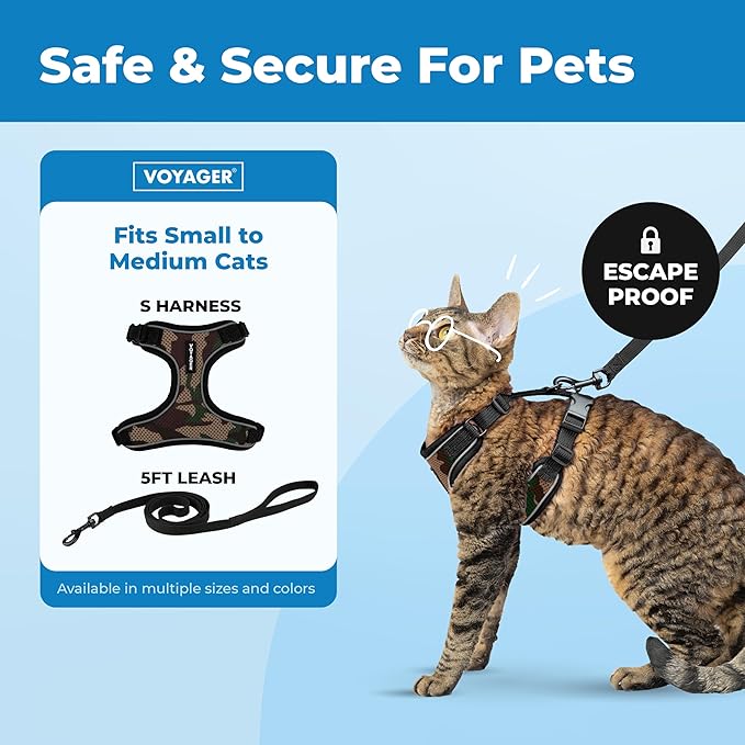 Voyager Escape-Proof Step-in Lock Cat Harness & 5ft Neoprene-Handle Leash Set All-Weather Mesh with Reflective Stitching for Small to Large Cats by Best Pet Supplies, Army (327), S