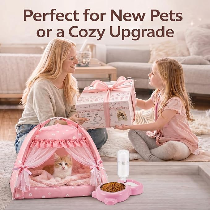 BreezeHug 3-in-1 Pet Princess Tent Bed Set for Cats & Small Dogs, Cute Soft Pink Cat Bed with Food Bowl, Water Dispenser & Washable Cushion, Complete Starter Kit for Indoor Pets