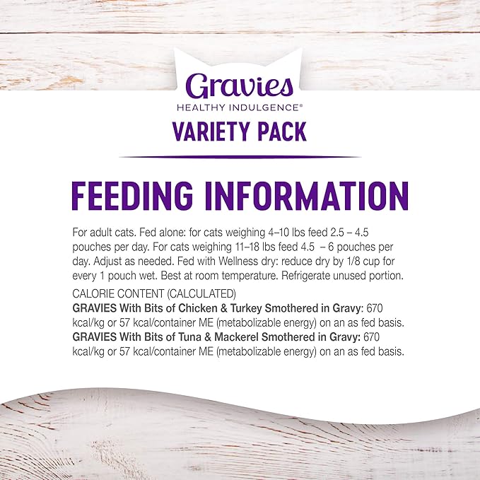 Wellness Healthy Indulgence Gravies Variety Pack Adult Wet Cat Food, Natural, Protein Rich, Grain Free, 2 Flavors, 3 oz, Pack of 8 Pouches