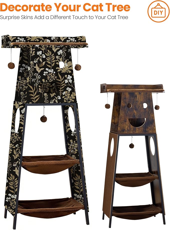 Modern Wood Cat Tree for Indoor Cats, 56 Inch Tall Cat Tower with Hammock, Multi-Level Trees with Perch Bed, 2 Hammock, Cat Condo, Scratching Board, Removable Pad, Cat Furniture, Rustic Brown