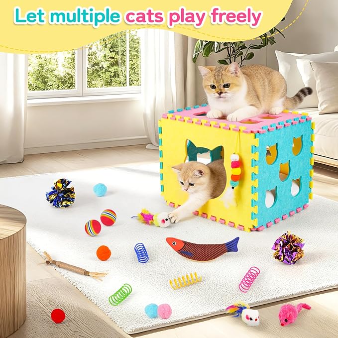 Natheeph Cat Toys for Indoor Cats, Interactive Cat Toy 49pcs Including Cat Wand Toy & Cat Feather Toys Refills, Funny Kitten Toys with Play Tent, Springs, Balls for Bored Indoor Cats Exercise & Chase