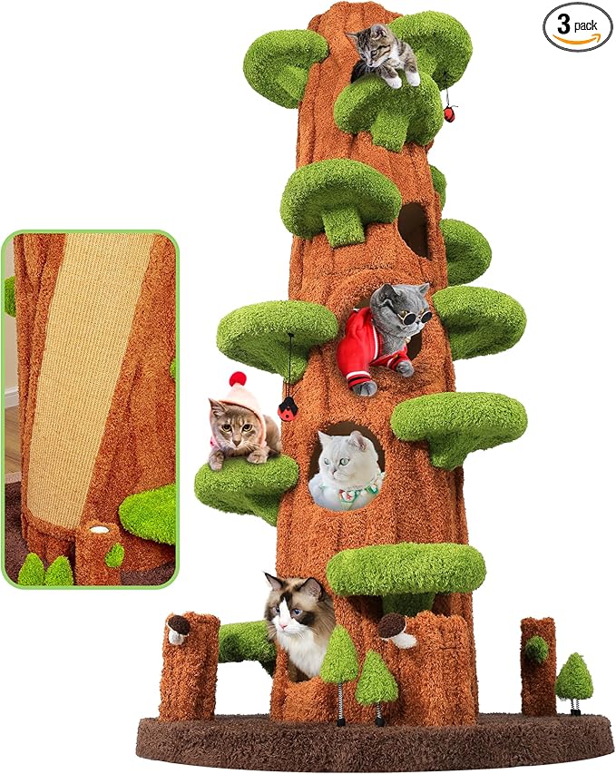 KAMABOKO 90.5 Inch Luxury Cat Tree with Scratching Post, Tall Cat Tree Tower with Sisal Scratching Pad, Multiple Jumping Platforms, Cute Hanging and Spring Toys, Large Cat Condo for for Indoor Kittens