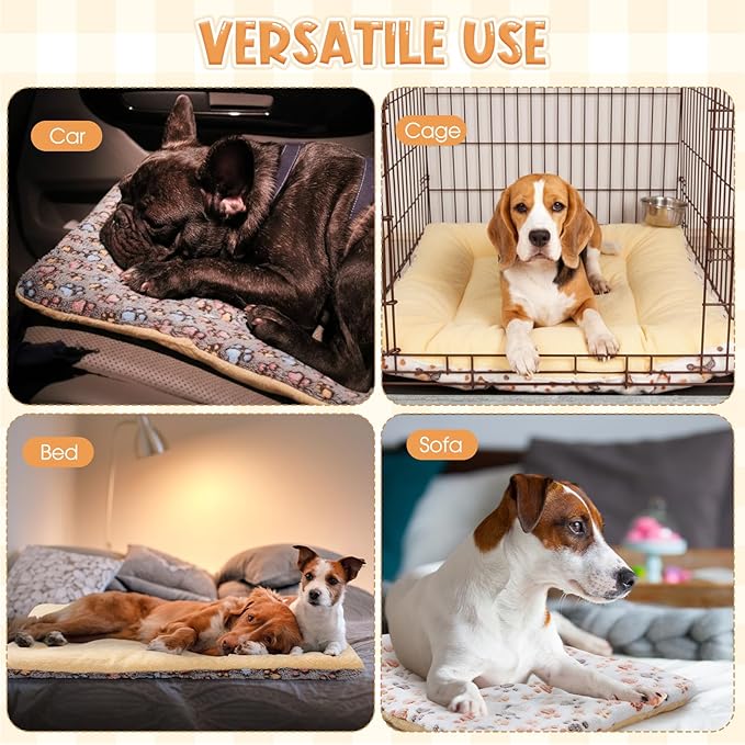2 Pack Self Warming Cat Dog Bed Pet Mat 27" x 19" Soft Thermal Dog Pad with Cute Prints Reversible Washable Thickened Crate Mat for Indoor Outdoor Kittens Small Pets Feral(White;Brown)