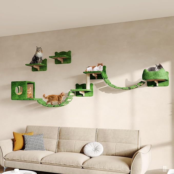 Cat Wall Shelves, Wall Mounted Cat Shelf Furniture with Plush Fabric (9 Piece Set), Cats Furniture with Condos, House, Steps, Bridge Ladder, Scratching Post, Green