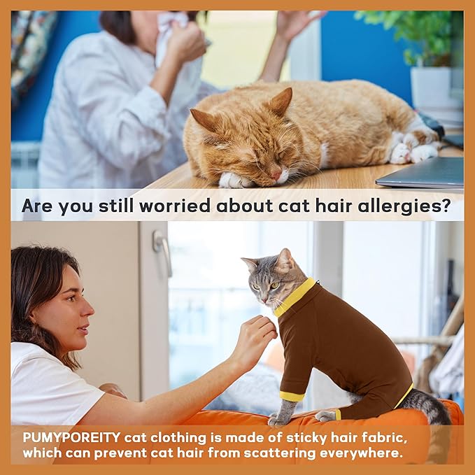 PUMYPOREITY Cat Calming Sweater – Helps Reduce Licking & Grooming Habits, Daily Comfort Shirt for Anxious Cats, Lightweight Fabric for Fur Control, Brown, S