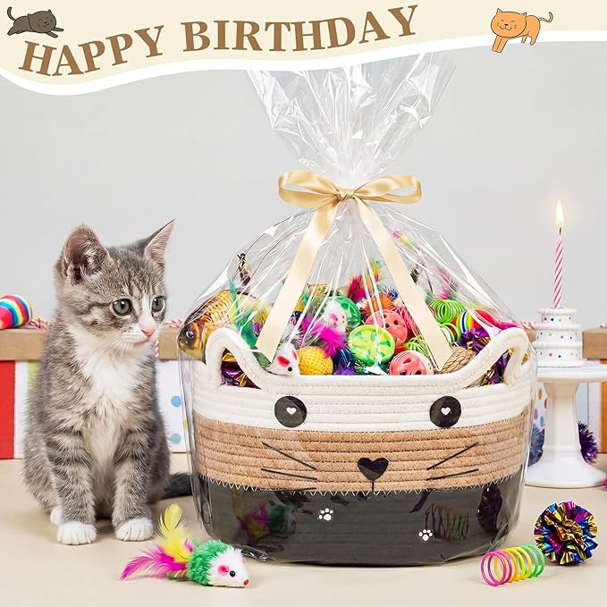 Zopeal 76 Pcs Graduation Cat Storage Basket Gift Toys Set Interactive Cat Toys Kitten Wand Colorful Flashing Balls Pet Crinkle Balls Attract Kitten to Swat, Hunt for Pet Indoor(White,Coffee,Black)