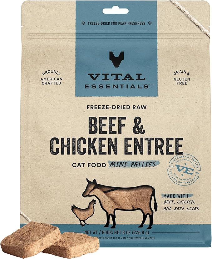 Vital Essentials Freeze Dried Cat Food, Raw Beef & Chicken Mini Patties | Complete Meal or Topper | Easy to Portion and Rehydrate | High Protein, Grain Free Dry Cat Food | 8 oz Bag