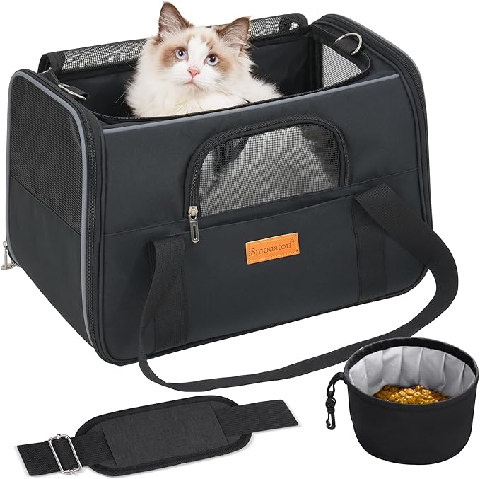 SMOUATOU Cat Carrier, Dog Carrier, Cat Bag Carrier, Cat Travel Carrier, Soft-Sided and Scratch-Proof mesh Cat Bag Pet Carriers, Travel Puppy Carry, Pet Home(Black)