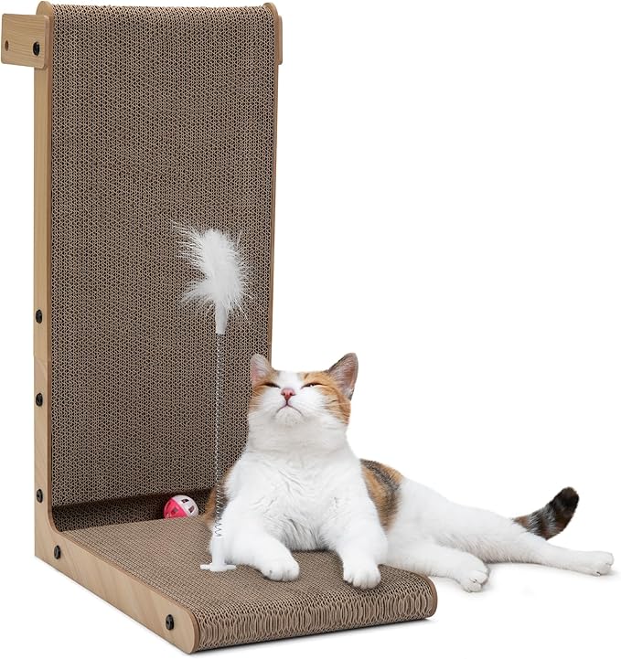 COZIWOW L-Shape Cat Scratcher Lounge, Corrugated Cardboard Scratching Pad for Indoor Cats, Durable Cat Furniture with Spring Toy (Walnut)