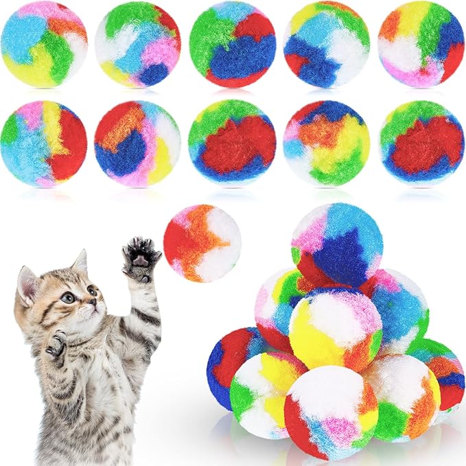Deekin 20 Pcs Cat Pom Pom Balls Toy 1.6 Inch Kitty Yarn Puffs Assorted Color Plush Soft Balls Fuzzy Kitty Quiet Toy for Pet Cat