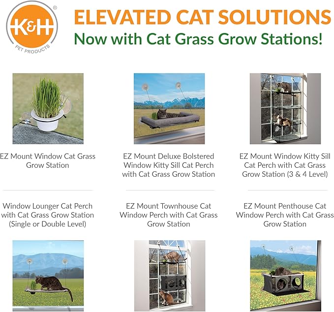 K&H Pet Products EZ Mount Window Kitty Sill Cat Perch with Cat Grass Grow Station Triple Stack Gray 23 X 12 Inches