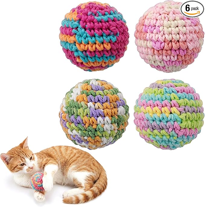 CIATBYYJ 4Pcs 1.57" Yarn Cat Toy Balls, Hand-Crocheted Yarn Cat Ball with Bell Inside, Kittens Chew Toys for Indoor Cats Kitty, Interactive Cats Nip Chew Toys for All Pet Breed