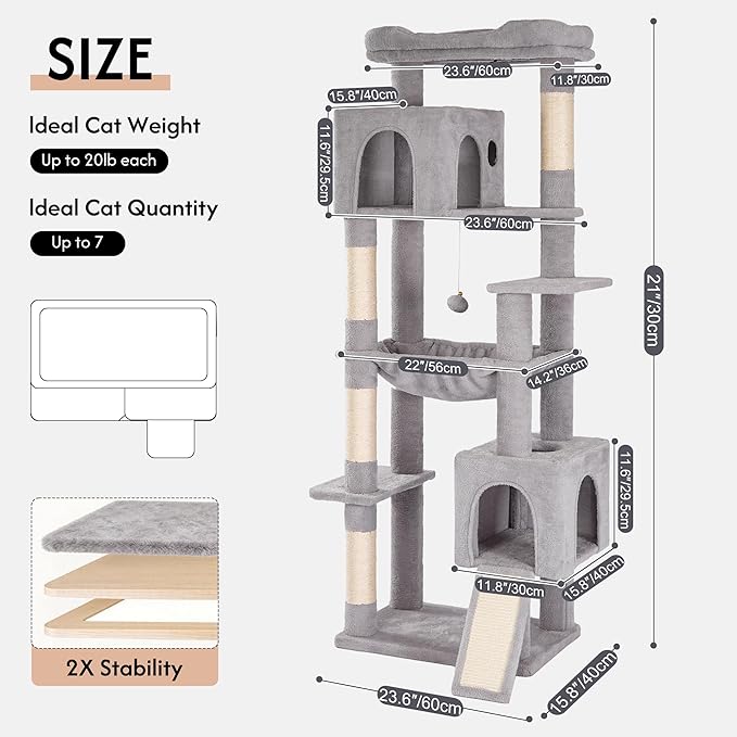 XXL Large Cat Tree Tower 70in Tall Heavy Duty Cat Tree for Maine Coon and Big Cats 20 lbs+,Enlarge Top Bed and Hammock, 2 Oversized Condo House with Scratching Posts-Grey