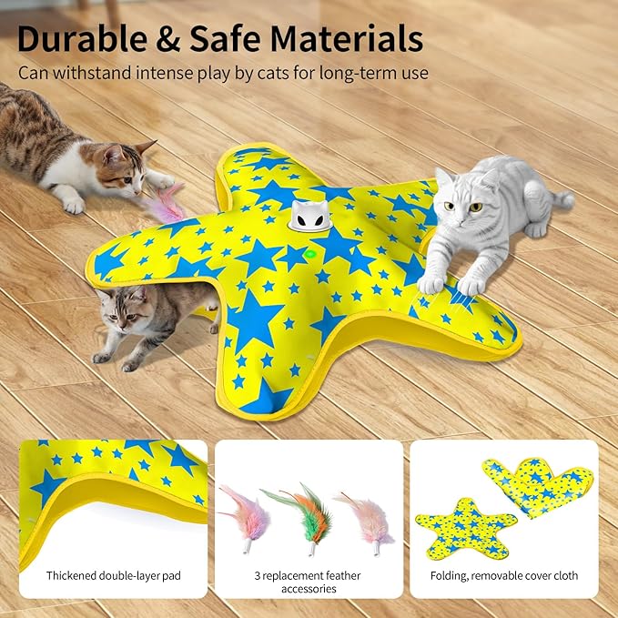 Rechargeable Interactive Cat Toys, Automatic Cat Toy for Indoor Cats, Durable Hide and Seek Cat Toy with Moving Concealed Feathers, Touch Activated Kitten Toys Cat Exercise Toys, Yellow Blue Cover