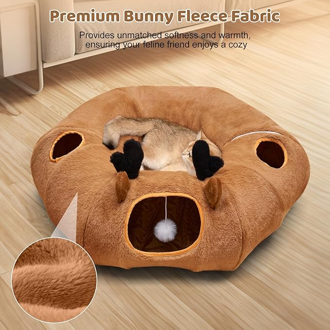 Cat Tunnel Bed with 20 Pcs Interactive Toys, 3-in-1 DIY Collapsible Plush Cat Tube with Washable Mat, Large Indoor Play Tunnel Cave for Kittens and Small Animals