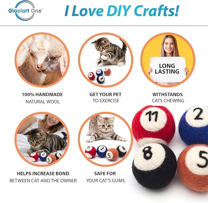 Glaciart One Wool Pool Ball Cat Toy – 4 Pcs with Catnip - Soft Fuzzy Enrichment 100% Natural Felt Cat Toy - Interactive Play Set - Safe for Pets, Non-AZO Colored Dyes – 1.5”