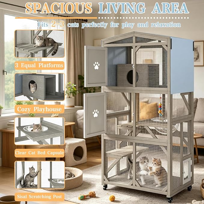 Ketive 66" H Large Catio Outdoor Cat Enclosure, Wooden Window Cat House with Wheels & 3 Platforms, Kitty Cage with Weatherproof Roof for Multiple Cats (Gray)