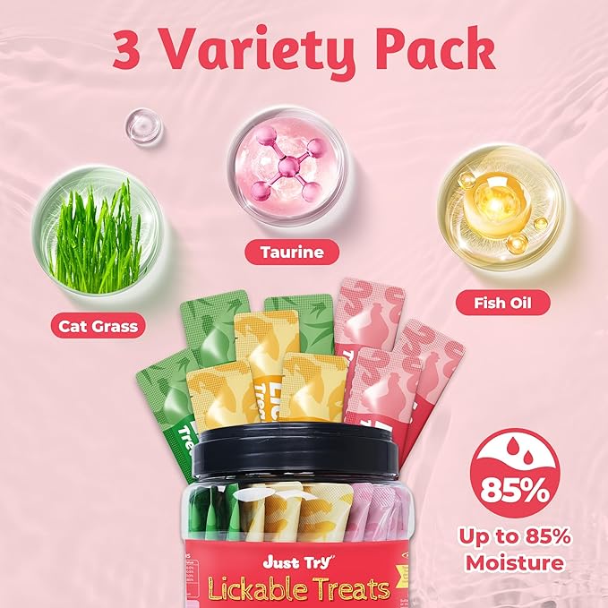 Just Try Lickable Cat Treats Variety Pack - with Taurine & Vitamin E, Cat Grass, Omega 3 Salmon Oils for Cats, Creamy Purée Grain Free - 48 Tubes
