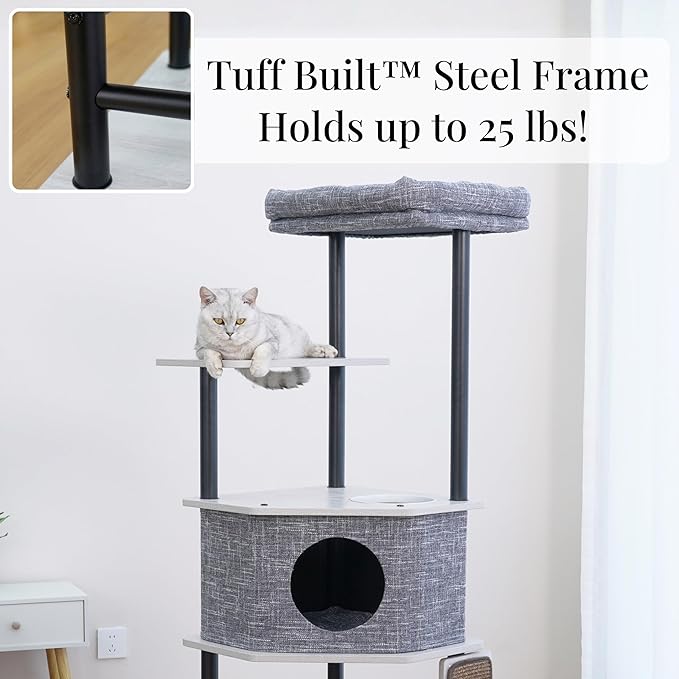 Petpals Heavy Duty Cat Tree with Durable Steel Frame and Laminated Board,Large Condo,Removable Top Bed,2 Replaceable Scratching Mats for Long-Lasting. (Light Gray)