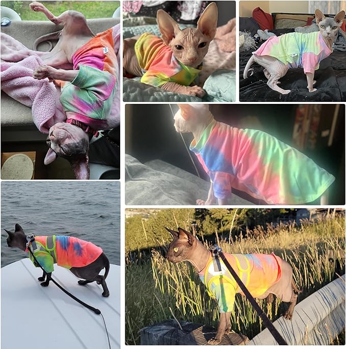 QBLEEV Sphynx Cat Clothes, Hairless Cats Rainbow Rendering T-Shirt for Spring Summer Autumn, Breathable Cat Wear Clothes Vest Shirts for Sphynx, Cornish Rex, Devon Rex, Peterbald