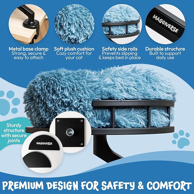 Cat Desk Bed – 360° Rotating Hammock Mount with Strong Clamp | Supports 44 lbs | Reinforced Wood Base, Plush Washable Cushion, Easy Tool-Free Install, Space-Saving Modern Furniture
