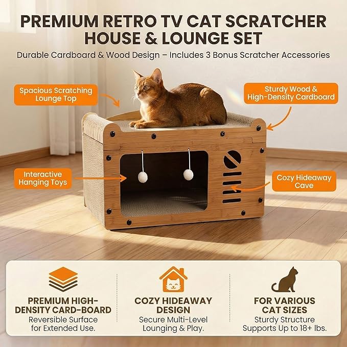 Luxury Cat Scratcher House, Retro TV Shaped Cat Condo, Large Cardboard Cat Scratching Board with Premium Dark Walnut Finish, Elegant Pet Furniture, 22x12x12in