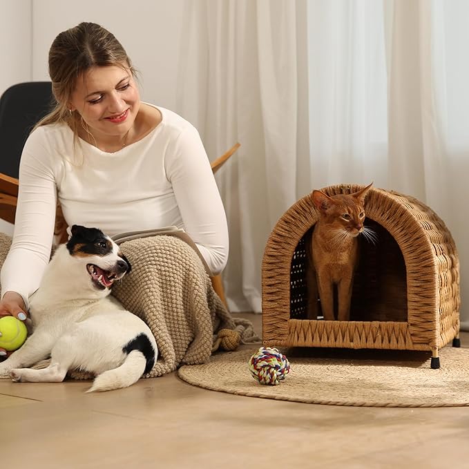 Handwoven Rattan Dome Cat House for Cats Under 20 lb, Indoor Cat Hideaway, 14.2" H × 14.2" W × 16.5" D, Breathable Wicker Cat Bed House, Cozy Rustic Cat Furniture (Tan)