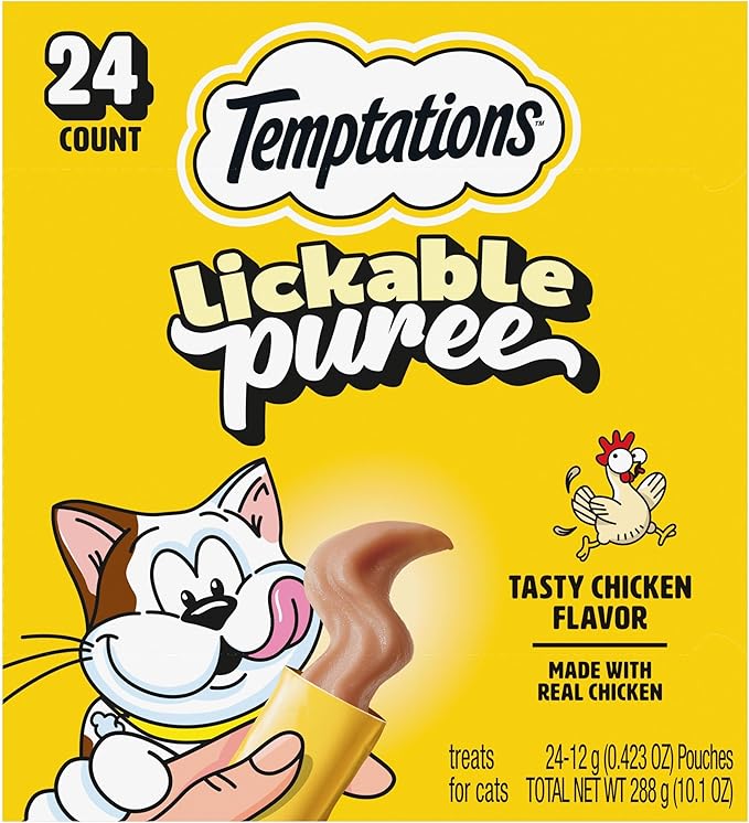 Temptations Creamy Puree Squeezable Lickable Cat Treats, Wet Cat Treats with Chicken, 0.42 oz. Tubes, 24 Count