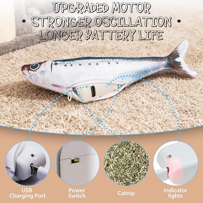 Cat Toys Flopping Fish 3 Pack Rechargeable Cat Toys Interactive for Indoor Exercise with Catnip, Moving Cat Toy 3 Flapping Mode 7.1 Inches Electric Realistic Plush Wiggle Fish