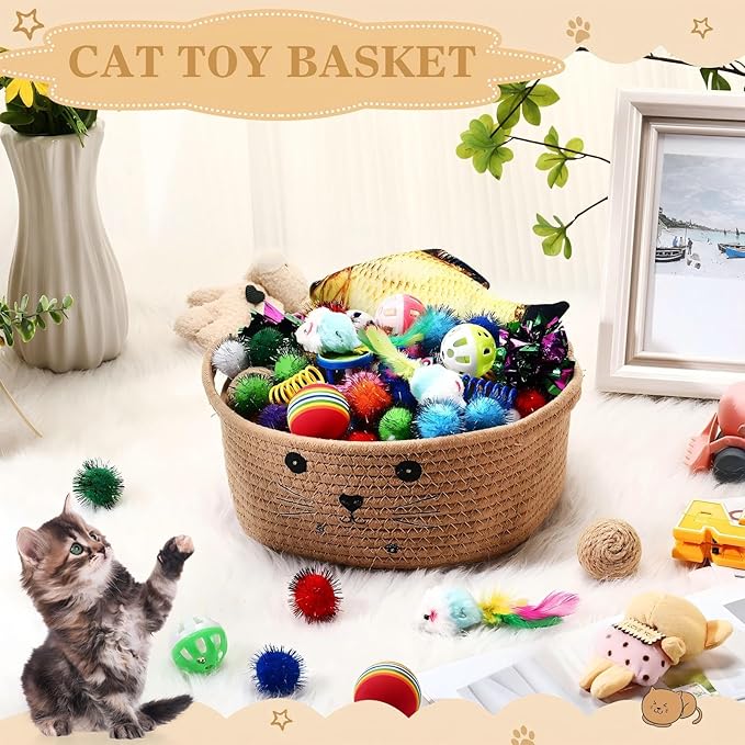 Zopeal 58 Pcs Summer Graduation Cat Storage Basket Gift Toys Set, Colorful Flashing Balls Pet Bell Crinkle Balls Spring Toys Attract Cat to Swat, Hunt, Interactive for Pet(Khaki,9.8 Inch)