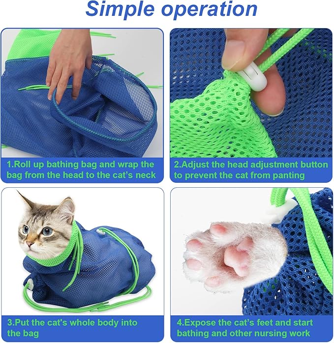 Catcan Cat Bathing Bag, Breathable Cat Grooming Bag, Anti Scratch Adjustable Cats Shower Washing Bag with Mesh for Nail Trimming