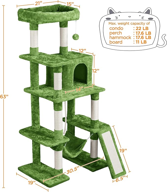 Topeakmart 63in Cat Tree Cat Climbing Tower, Cat Activity Center w/Scratching Post Cozy Condo House Spacious Platform for Indoor Cats, Green
