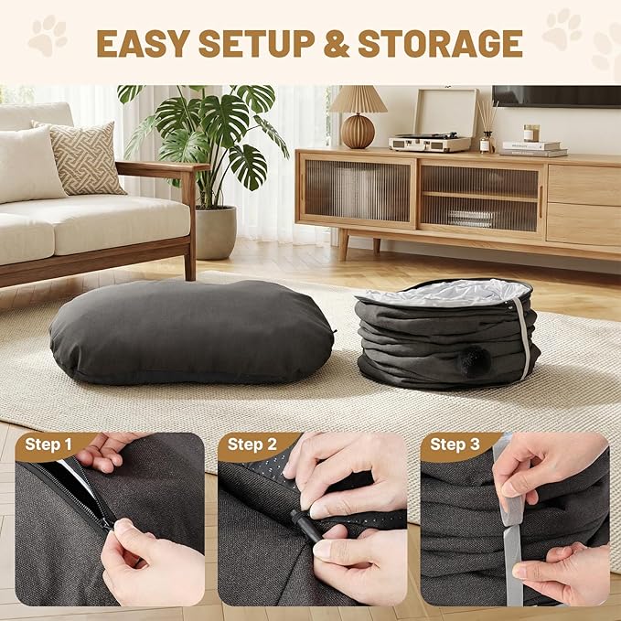 Extra Large Cat Tunnel, Cooling Natural Linen Big Tunnel for Large Cats, 47.2in Multi-Cat Family Long Cat Tunnel Bed with Washable Mat, Breathable & Durable Big Cat Tunnel for Cats, Dark Grey