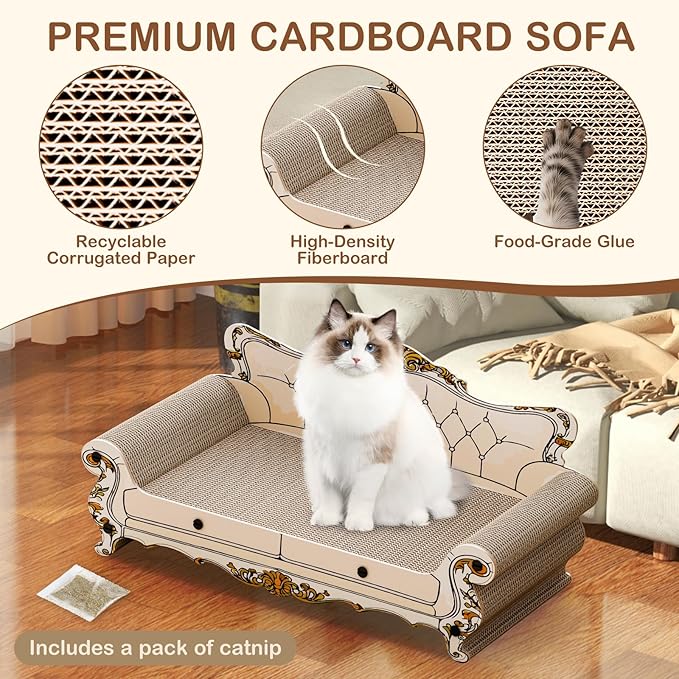 Cat Scratcher Bed,23.6 Inch Sofa-Shaped Cat Scratcher Couch, Large Luxury Durable Cardboard Sofa Scratcher Pad Furniture Protector for Indoor Cats Scrach,Rest and Play,Beige