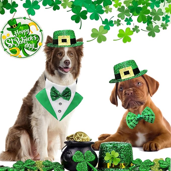 St.Patrick's Day Dog Costume 3Pack Puppy Bandana Top Hat Green Shamrock Bow Tie Collar Adjustable Pet Scarf Formal Tux Clothes Irish Tuxedo Outfits for Dogs Cat Dress (3Pcs Irish Hat Tux Bow, Small)